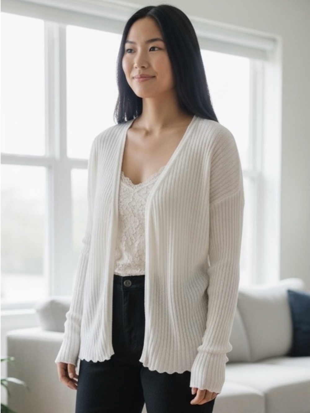 Coolwear Vintage Knit Cardigan Ribbed Open Front Tie Closure Cream Cottagecore